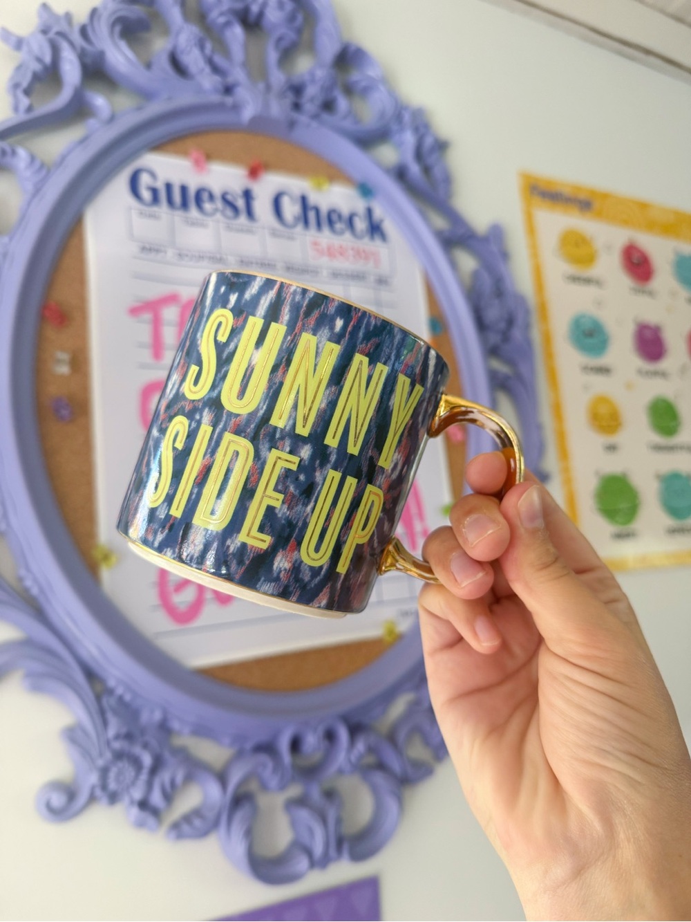 Anthropologie Giselle Sunny Side Up Coffee Mug Cup Blue Gold Ikat Maximalist GUC